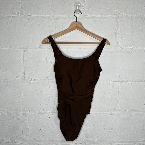 Lands' End Women's Brown Slender Tummy Control Scoop Wrap One Piece Swimsuit 10 - Picture 1 of 6
